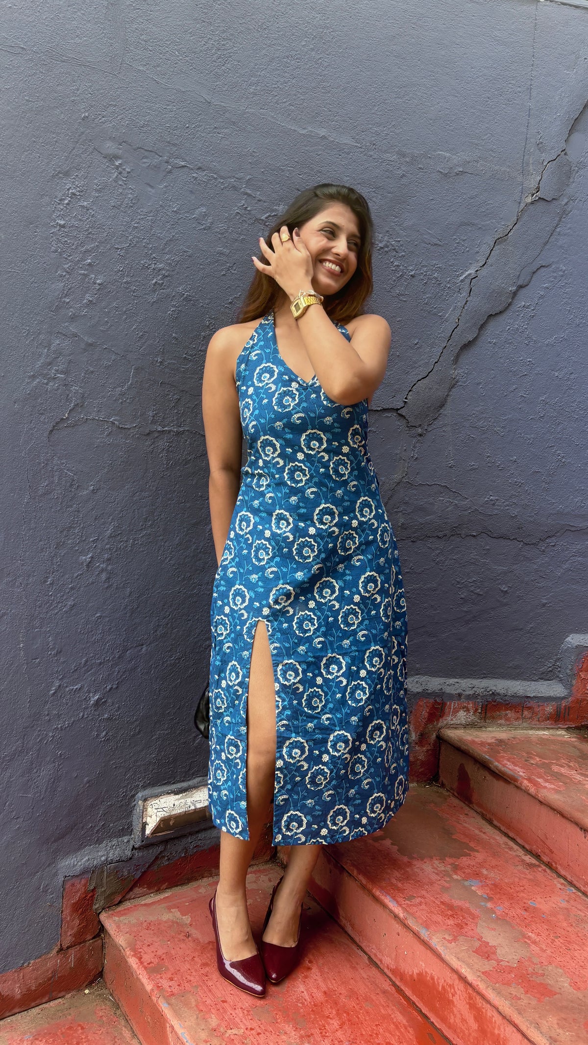 Blue halter neck slit dress