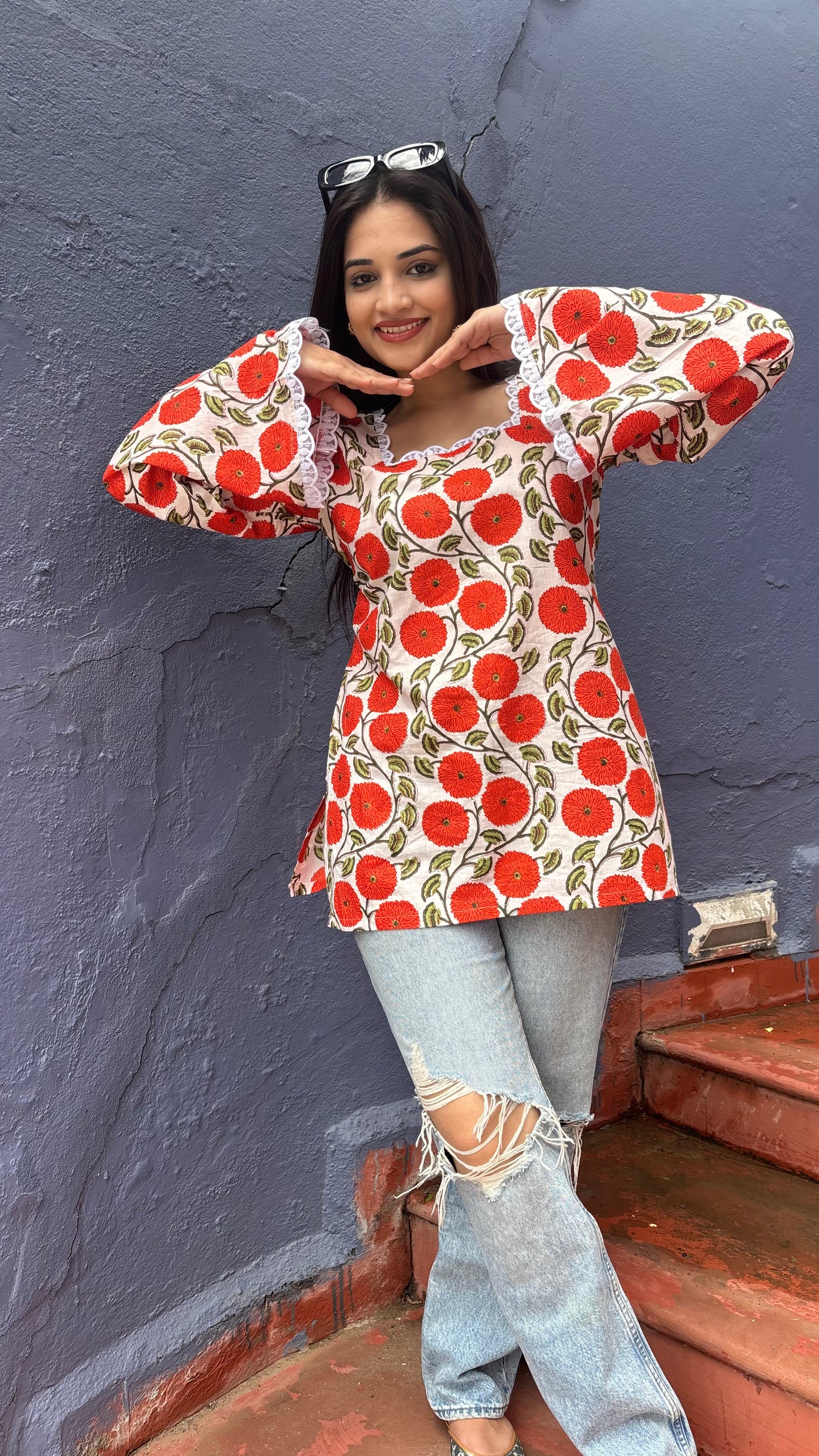 Orange Floral Lace Kurti