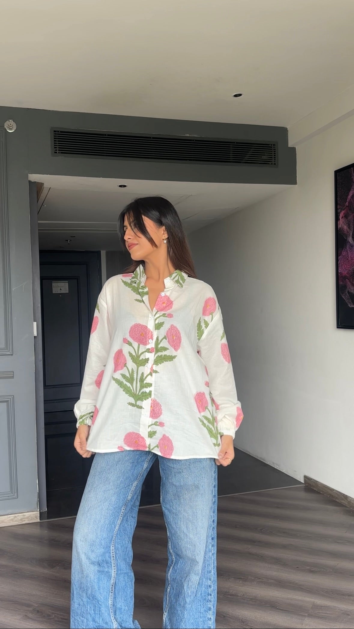 Pink Cotton block printed shirt🌸