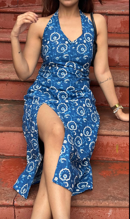 Blue halter neck slit dress