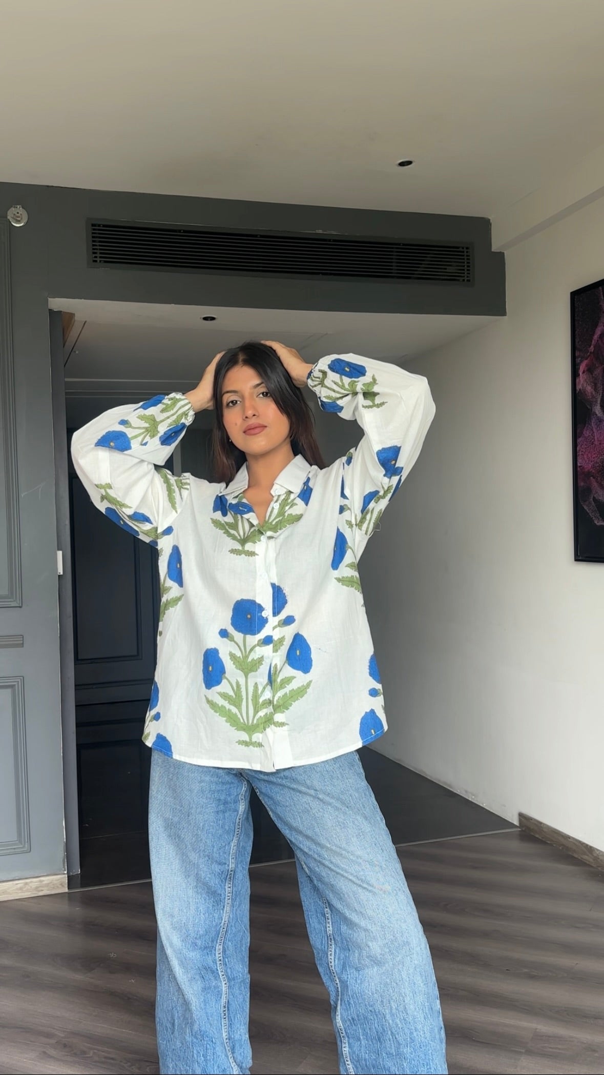 Blue Cotton Block printed shirt.