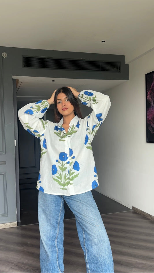 Blue Cotton Block printed shirt.