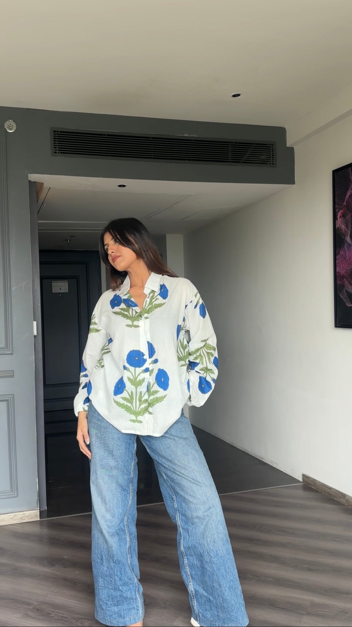 Blue Cotton Block printed shirt.