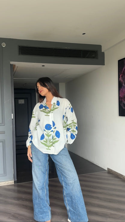 Blue Cotton Block printed shirt.