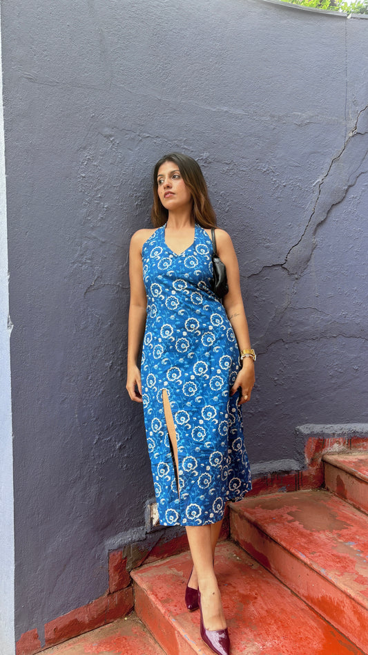 Blue halter neck slit dress