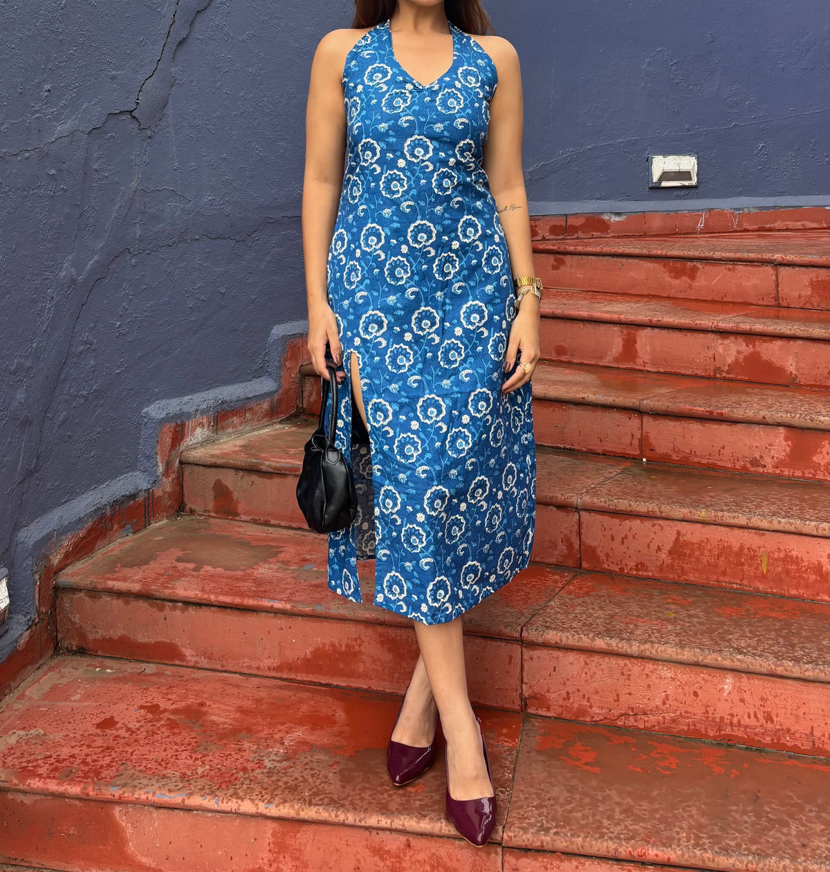 Blue halter neck slit dress