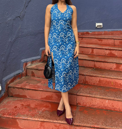 Blue halter neck slit dress