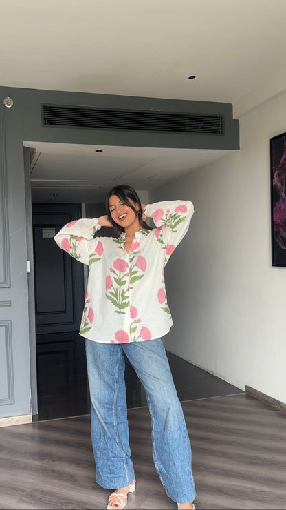 Pink Cotton block printed shirt🌸