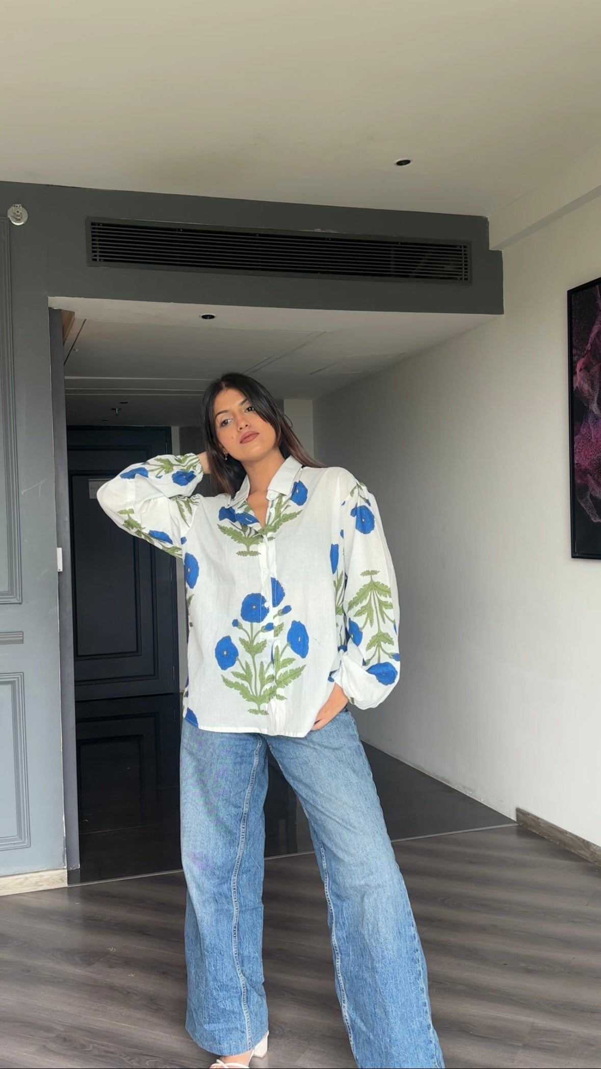 Blue Cotton Block printed shirt.