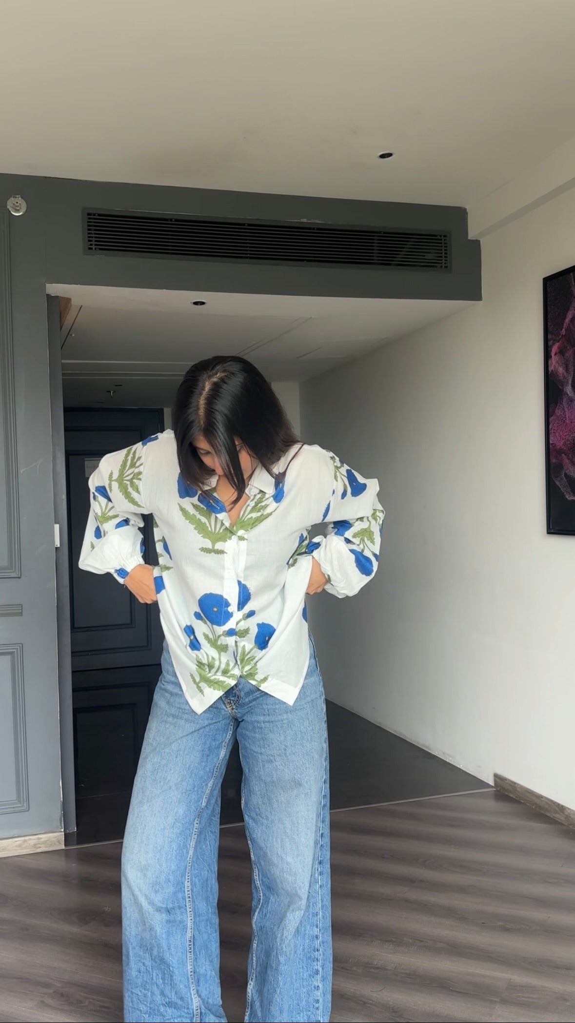 Blue Cotton Block printed shirt.