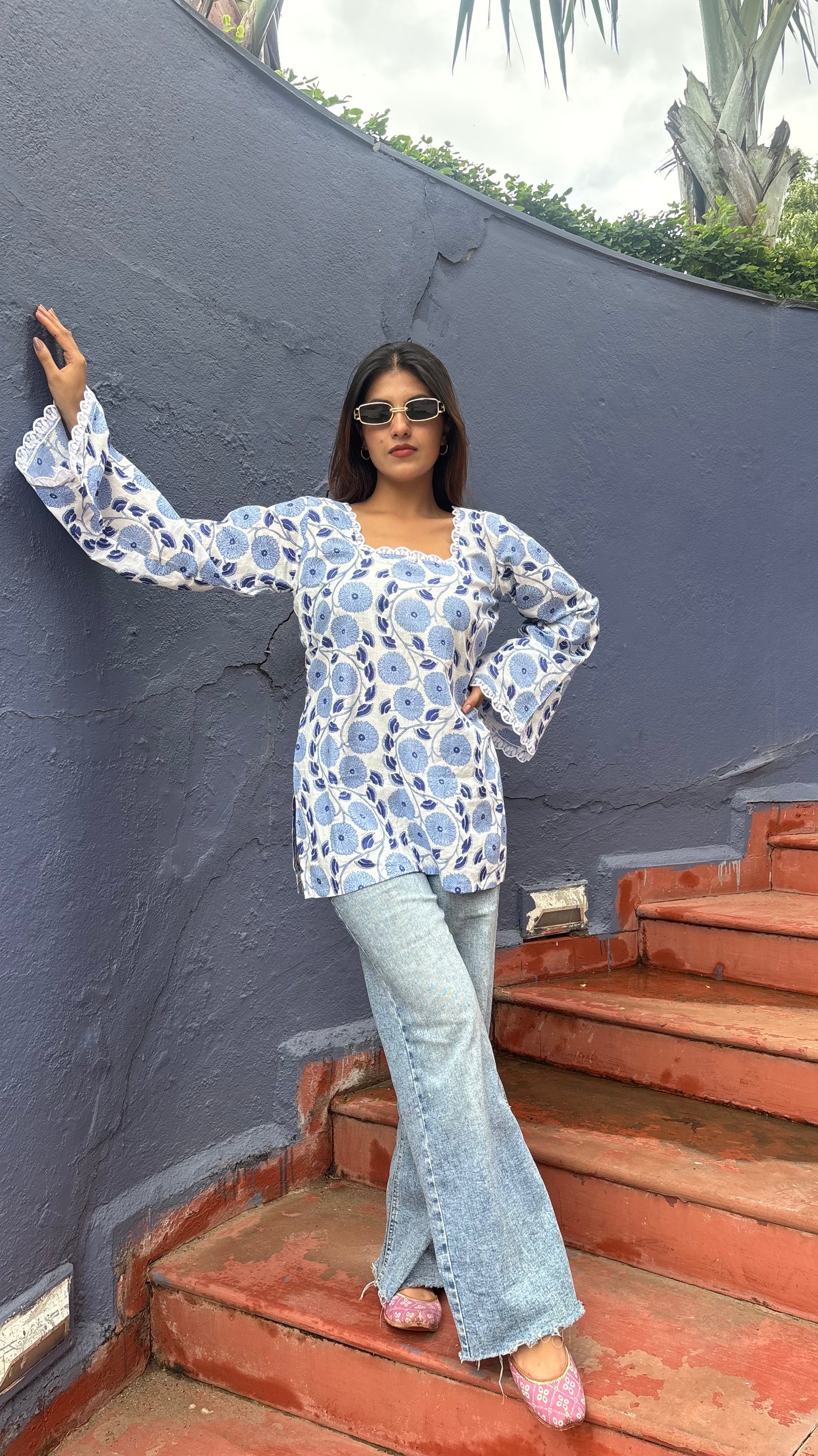 Blue Floral Lace Kurti