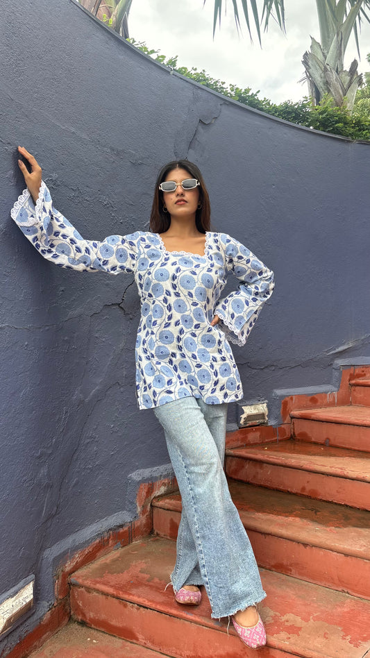 Blue Floral Lace Kurti