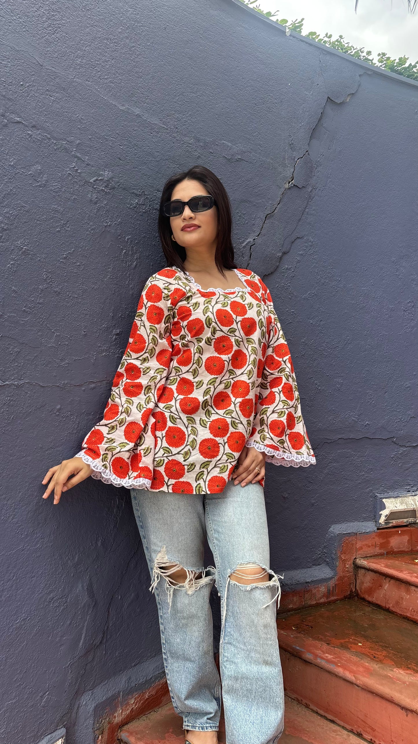 Orange Floral Lace Kurti
