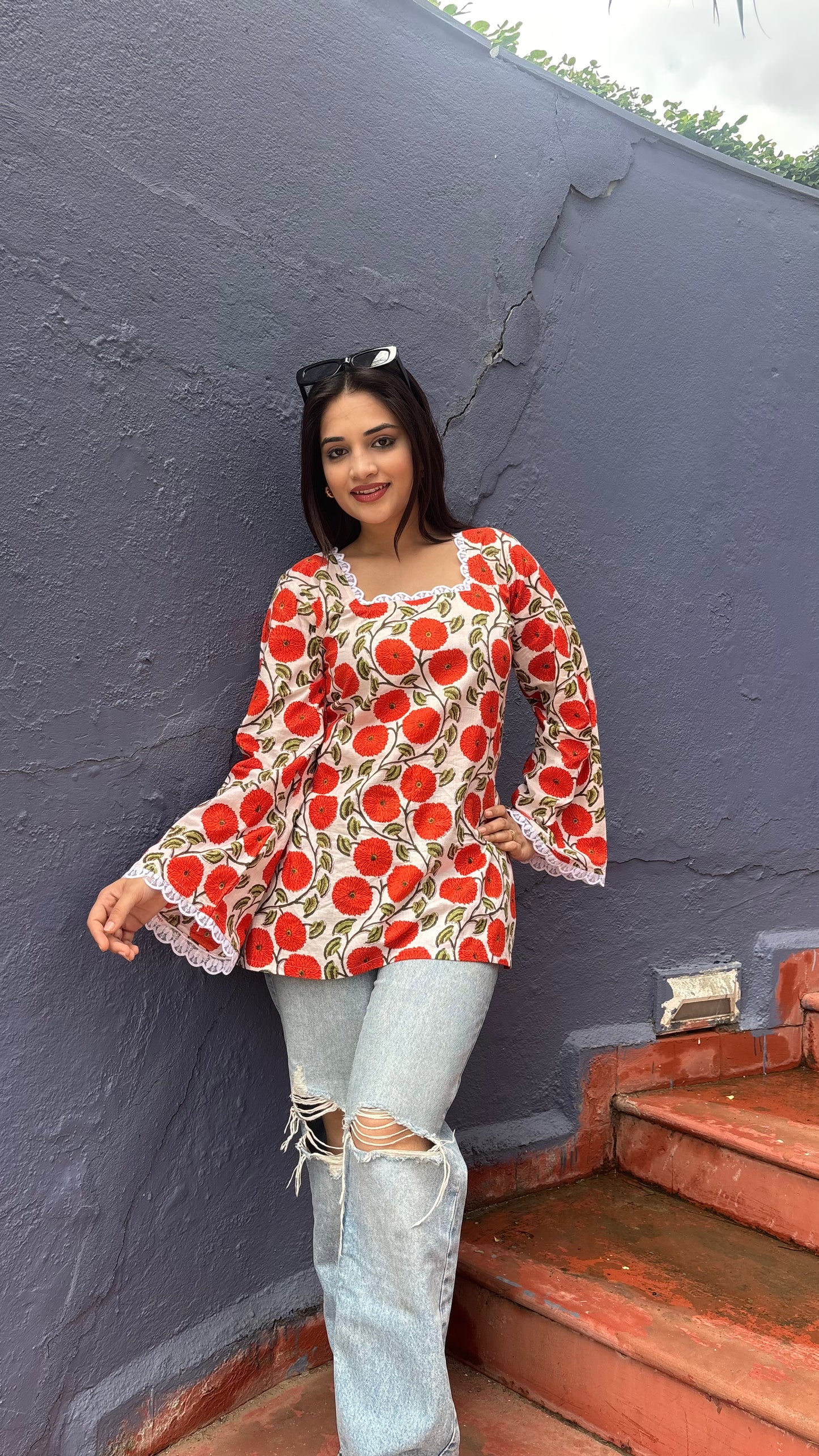 Orange Floral Lace Kurti