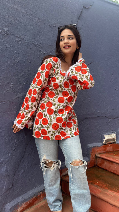 Orange Floral Lace Kurti