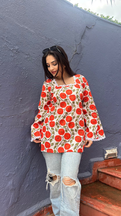 Orange Floral Lace Kurti