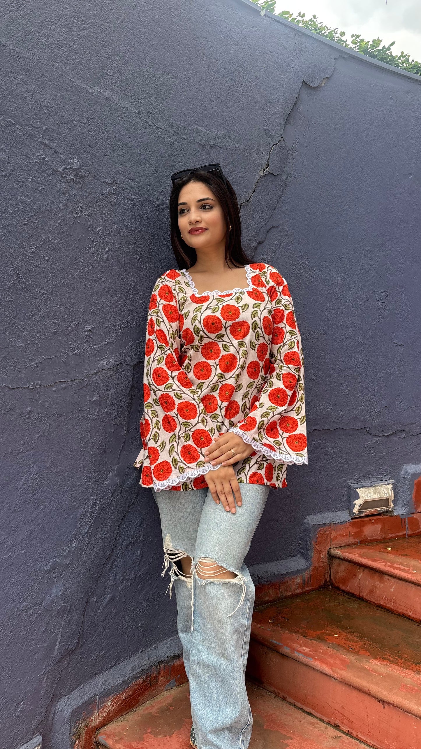 Orange Floral Lace Kurti
