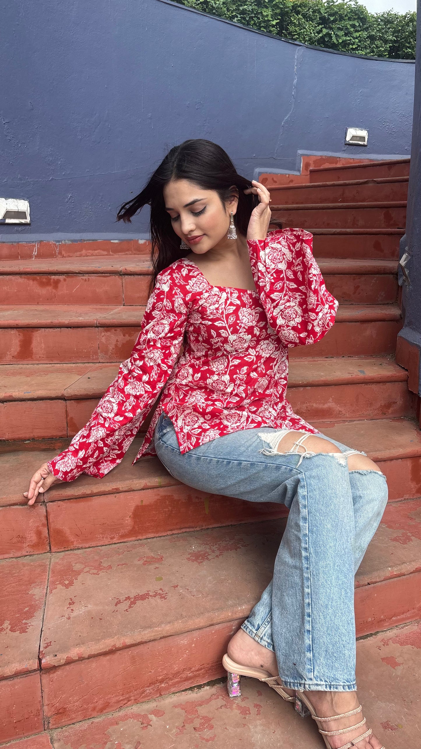 Red-White Floral Kurti