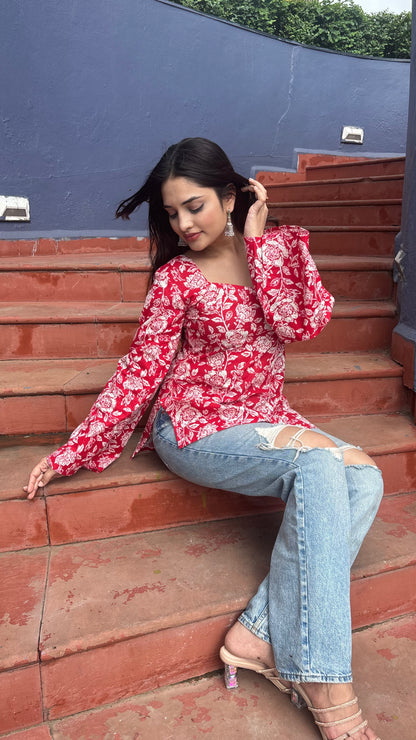 Red-White Floral Kurti