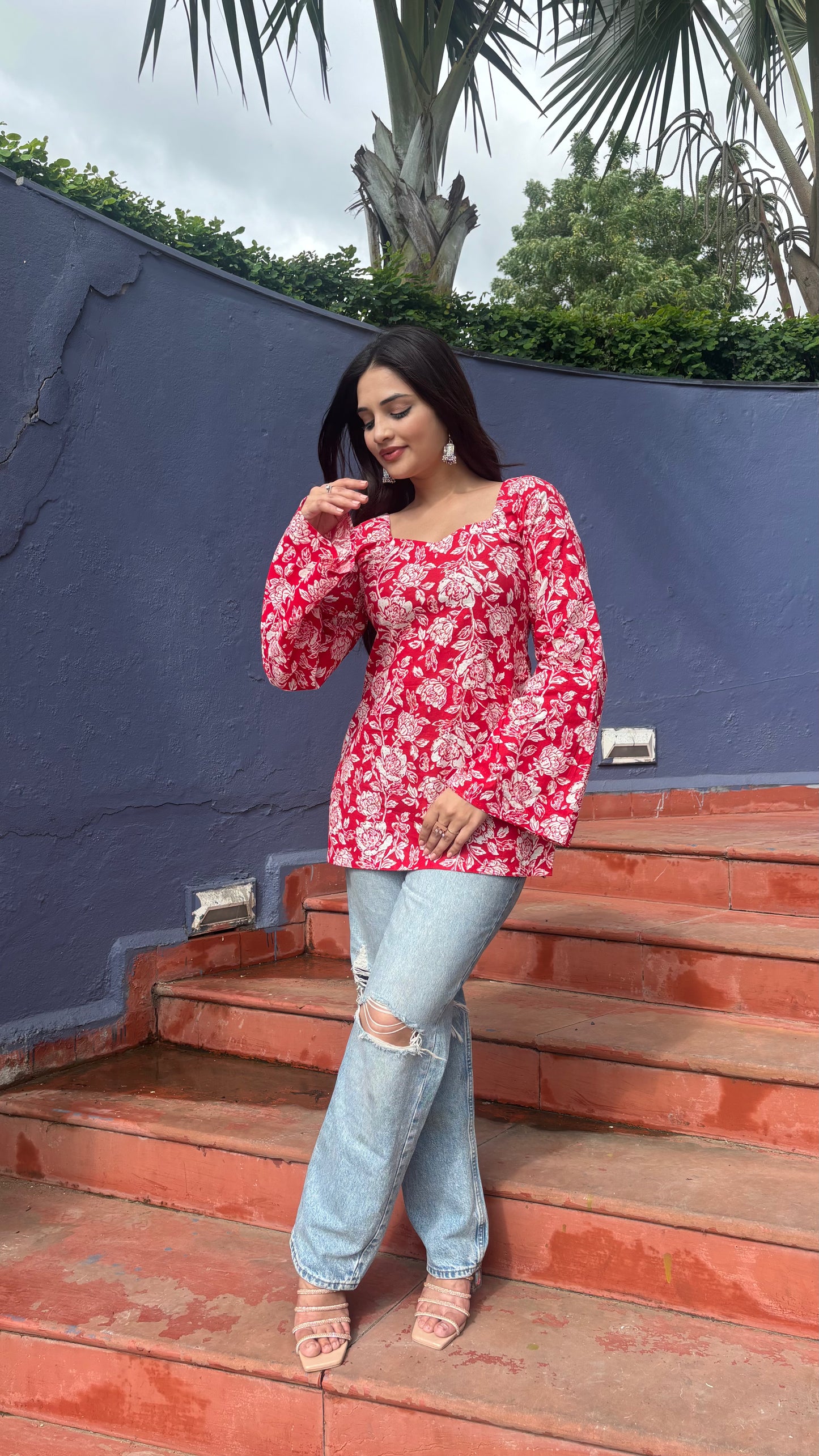 Red-White Floral Kurti