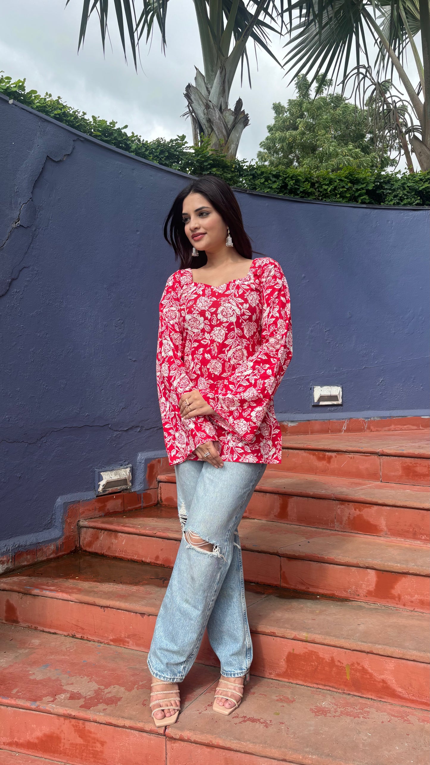 Red-White Floral Kurti