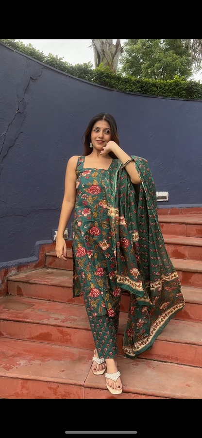 Green Floral Kurta Set with Dupatta