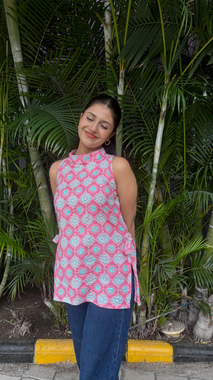 Pink Halter Neck Side Knot Kurti