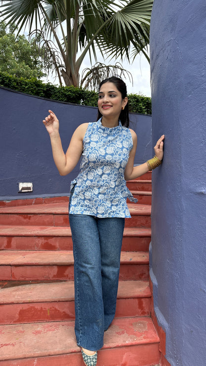 Blue Halter Neck Side Knot Kurti