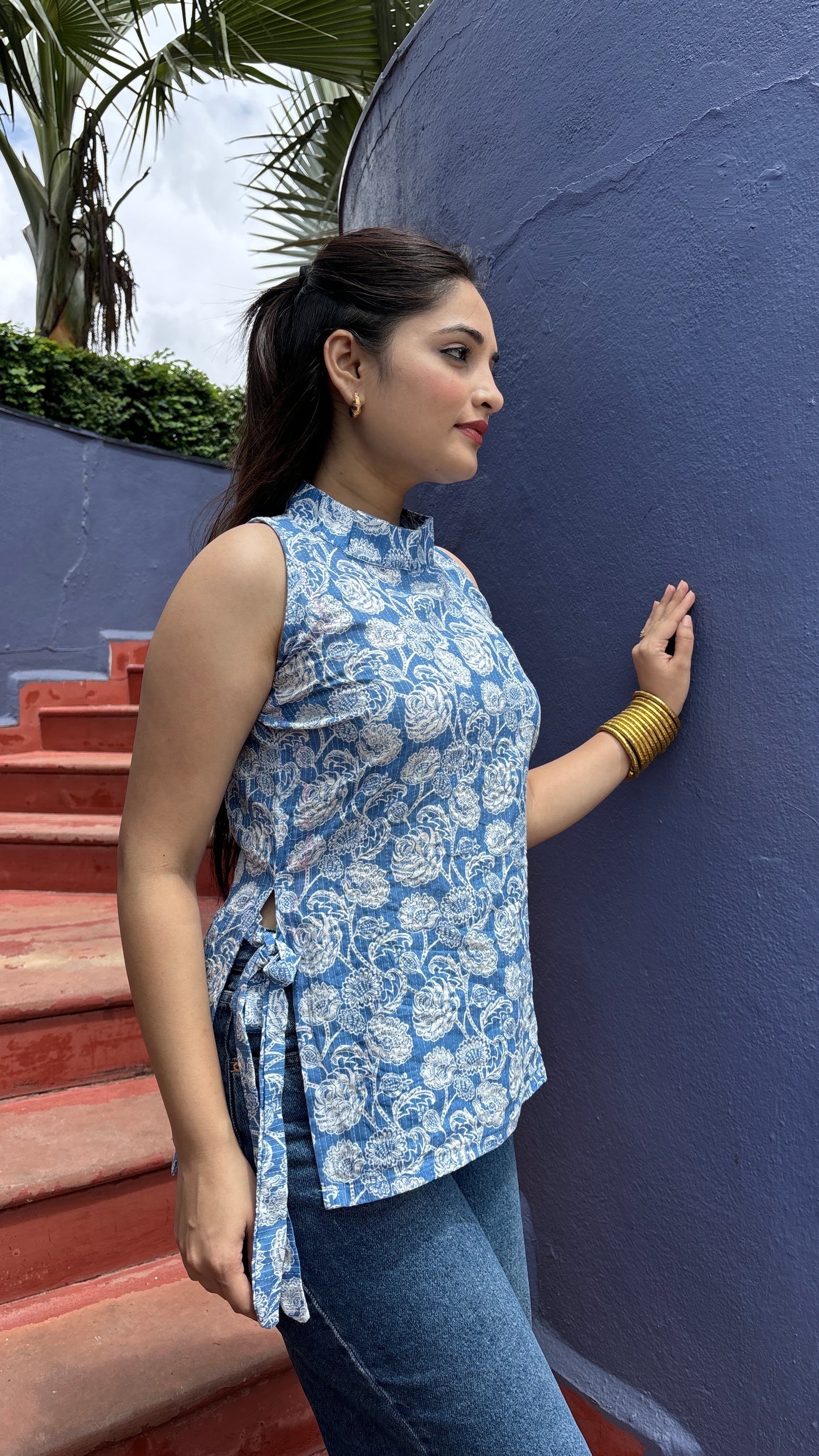 Blue Halter Neck Side Knot Kurti