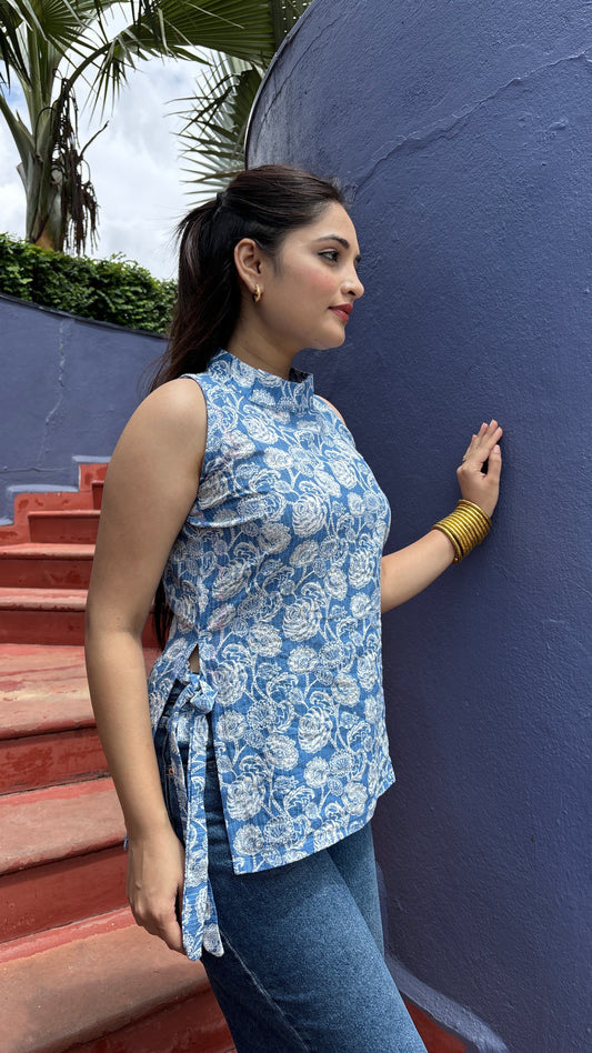 Blue Halter Neck Side Knot Kurti