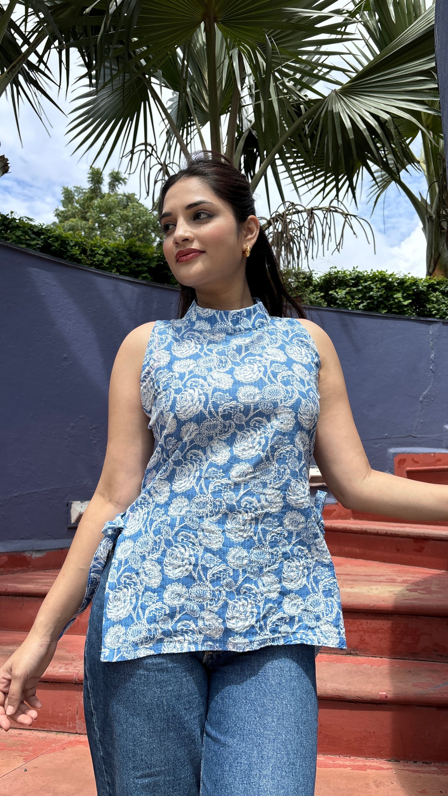 Blue Halter Neck Side Knot Kurti