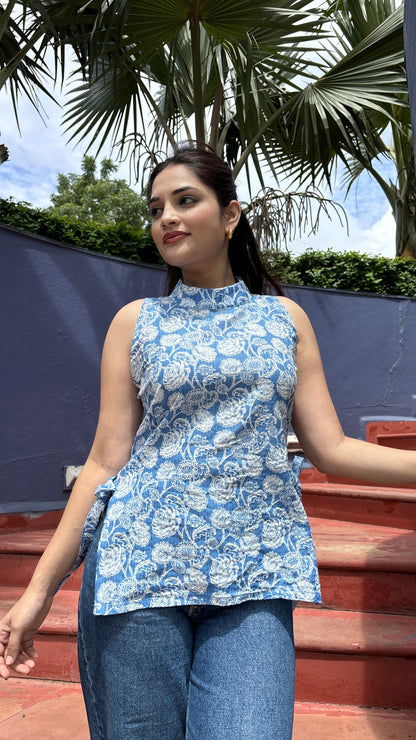 Blue Halter Neck Side Knot Kurti