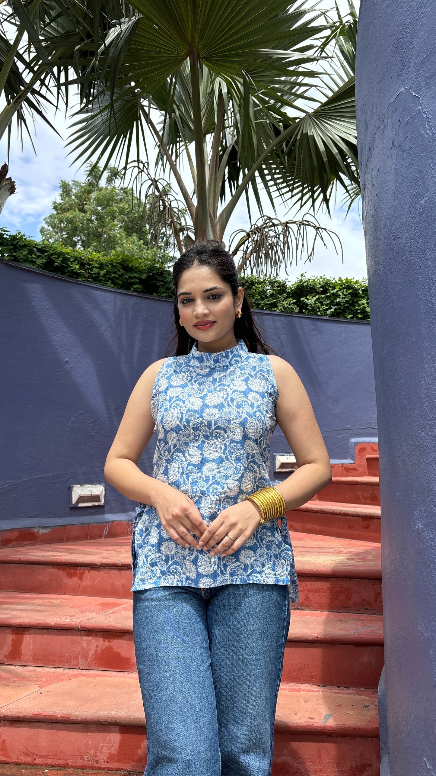 Blue Halter Neck Side Knot Kurti