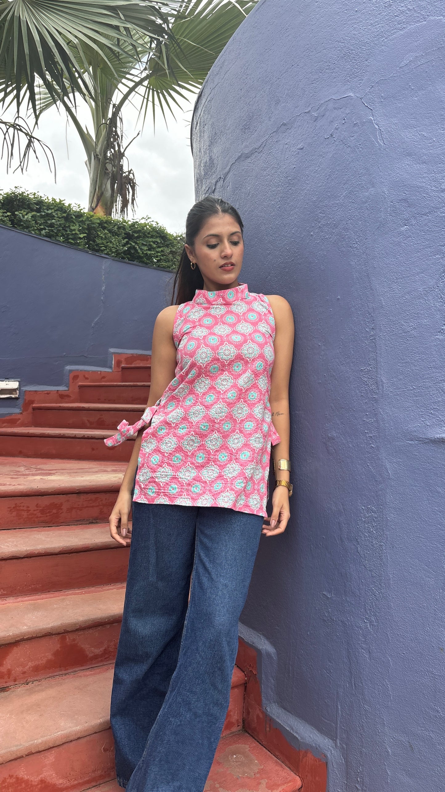 Pink Halter Neck Side Knot Kurti
