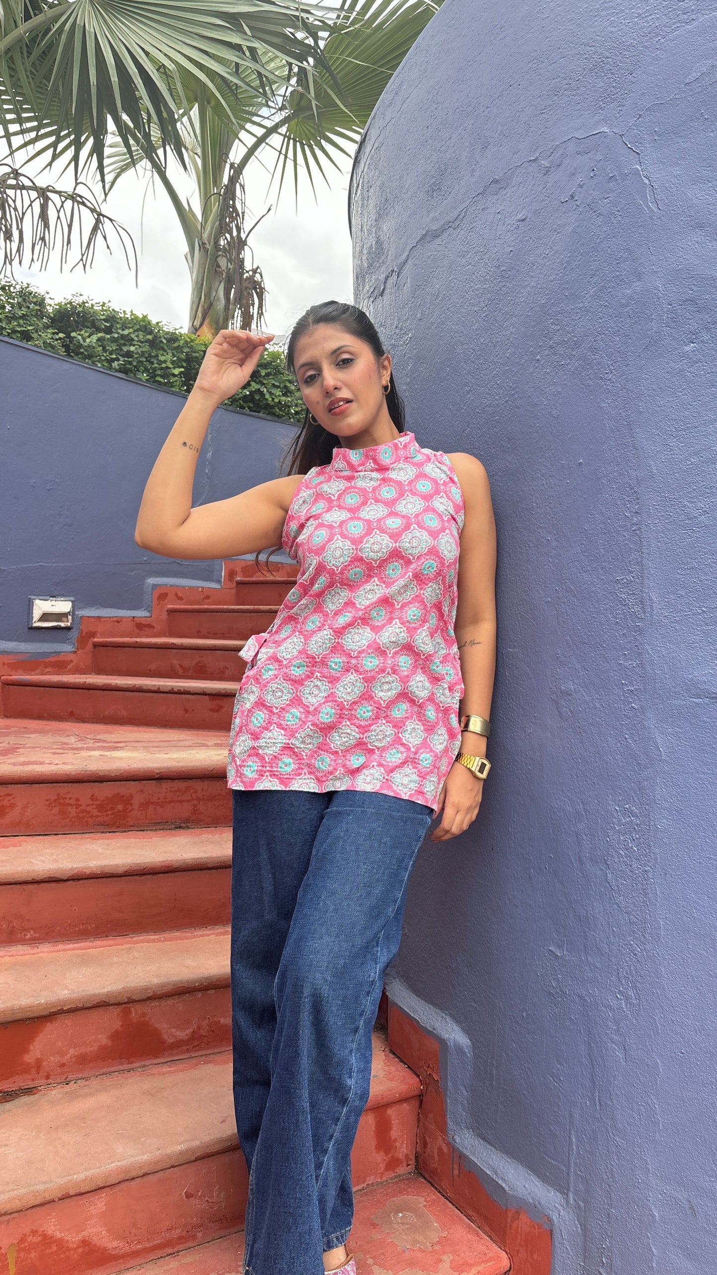 Pink Halter Neck Side Knot Kurti