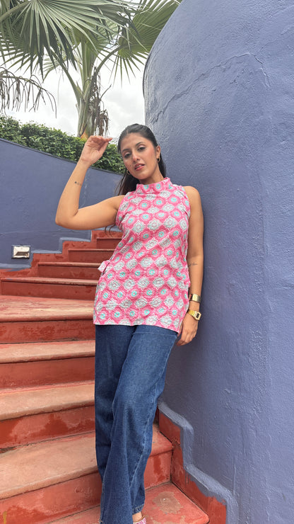 Pink Halter Neck Side Knot Kurti