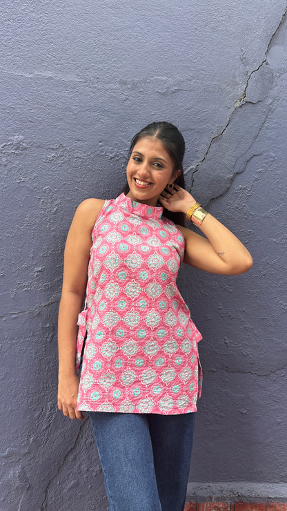 Pink Halter Neck Side Knot Kurti