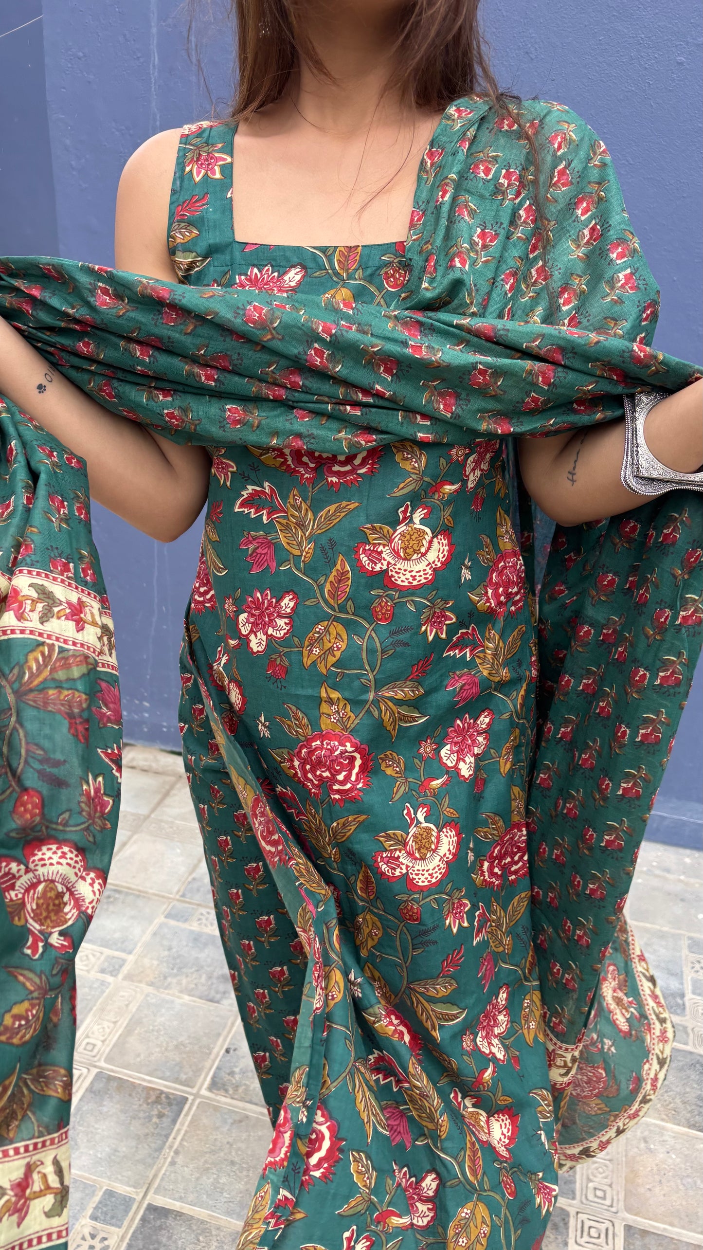 Green Floral Kurta Set with Dupatta
