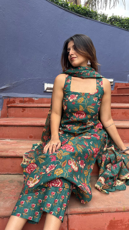 Green Floral Kurta Set with Dupatta