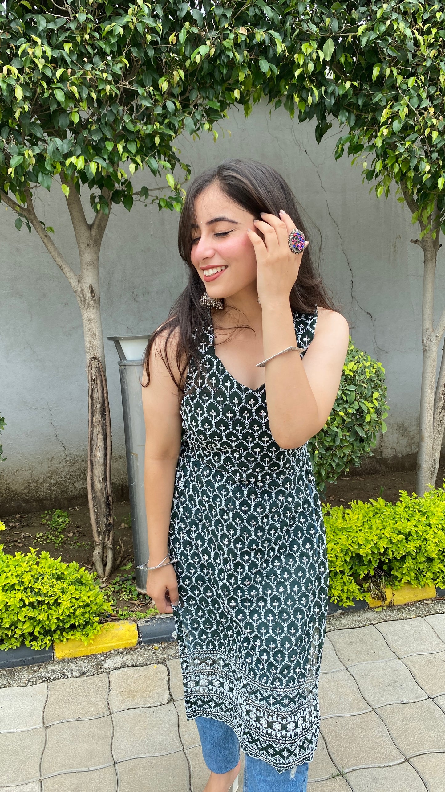 Dark Green Tie Me Up Chikankari Kurti