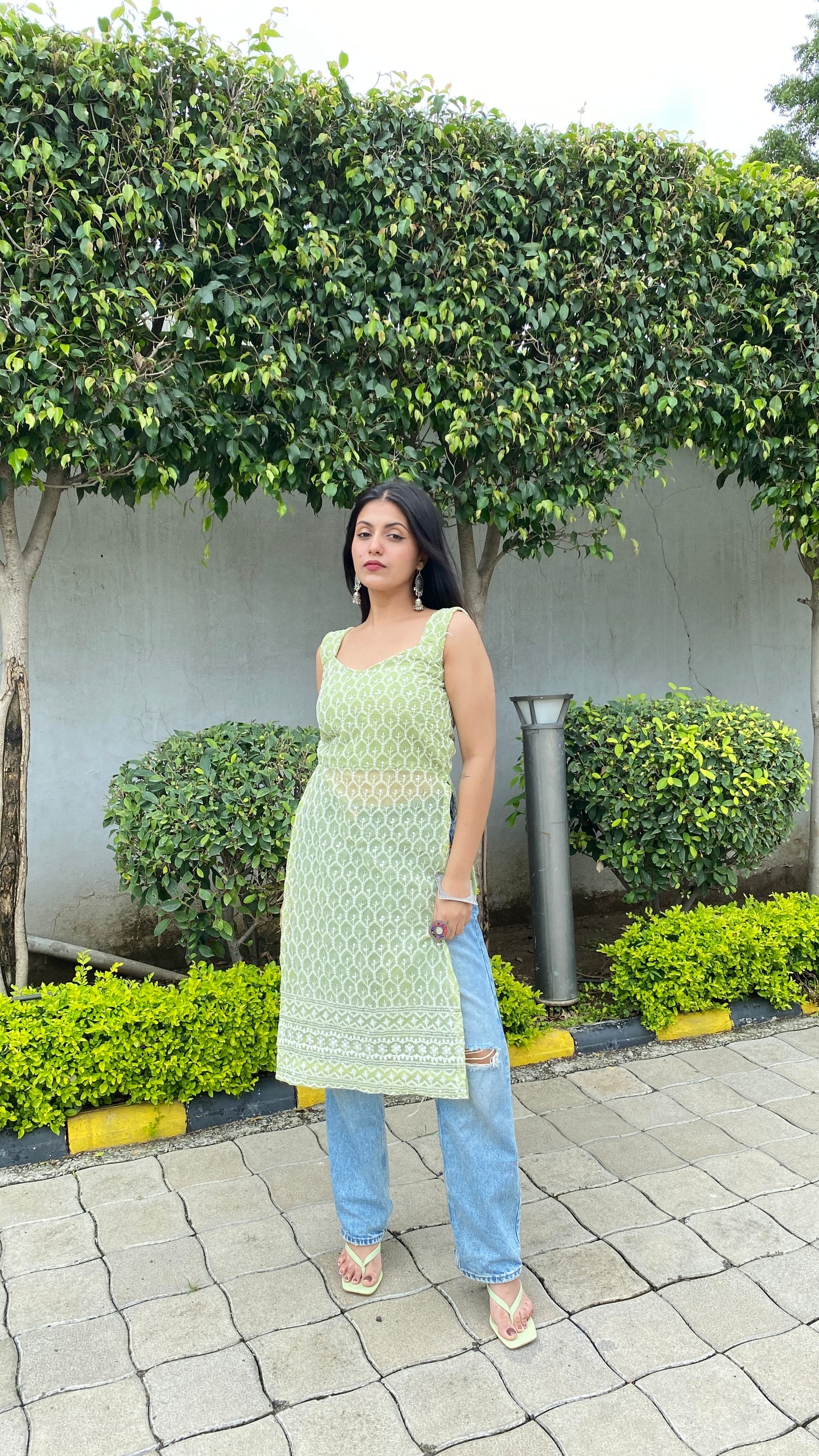 Green Tie Me Up Chikankari Kurti
