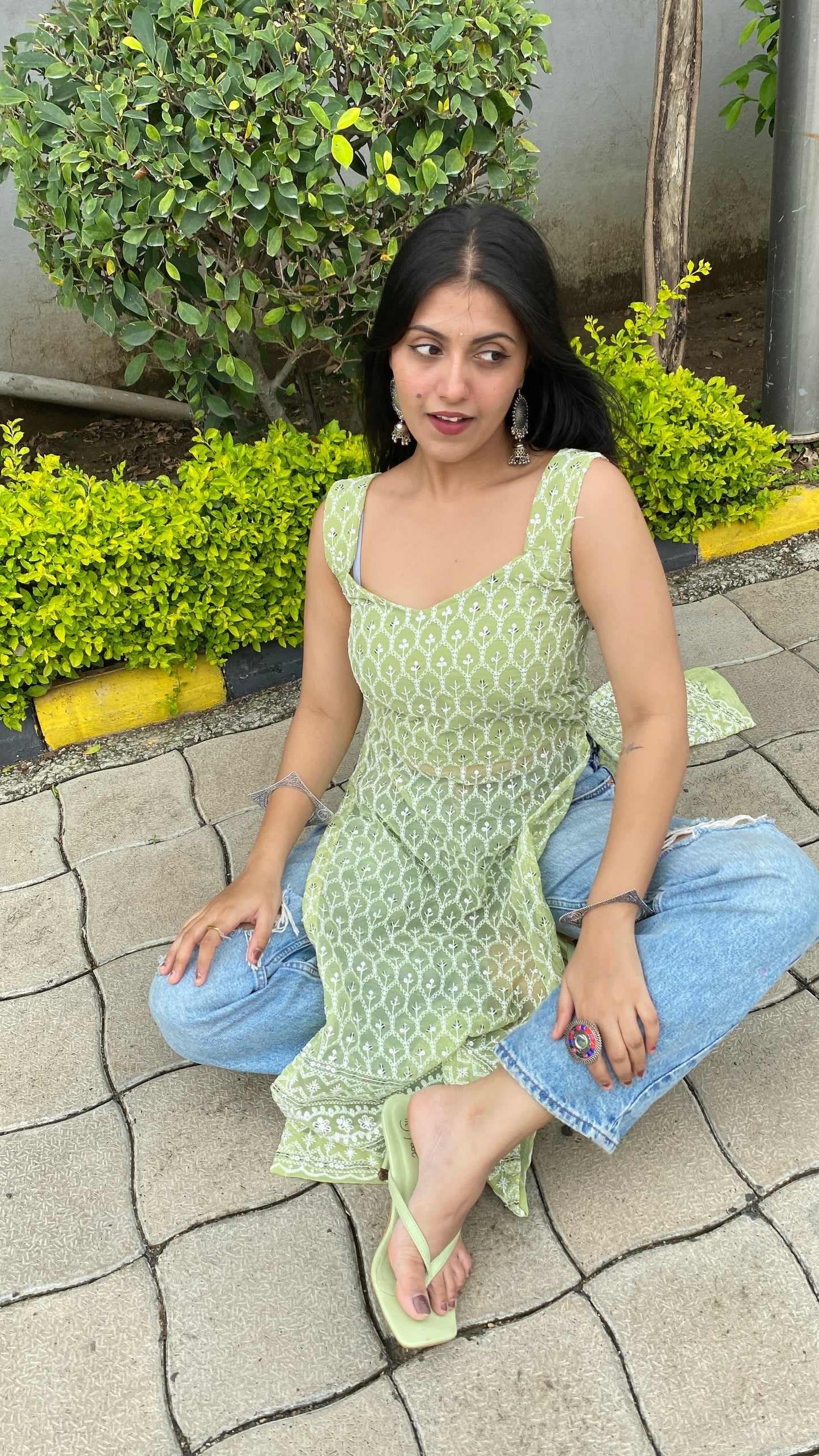Green Tie Me Up Chikankari Kurti
