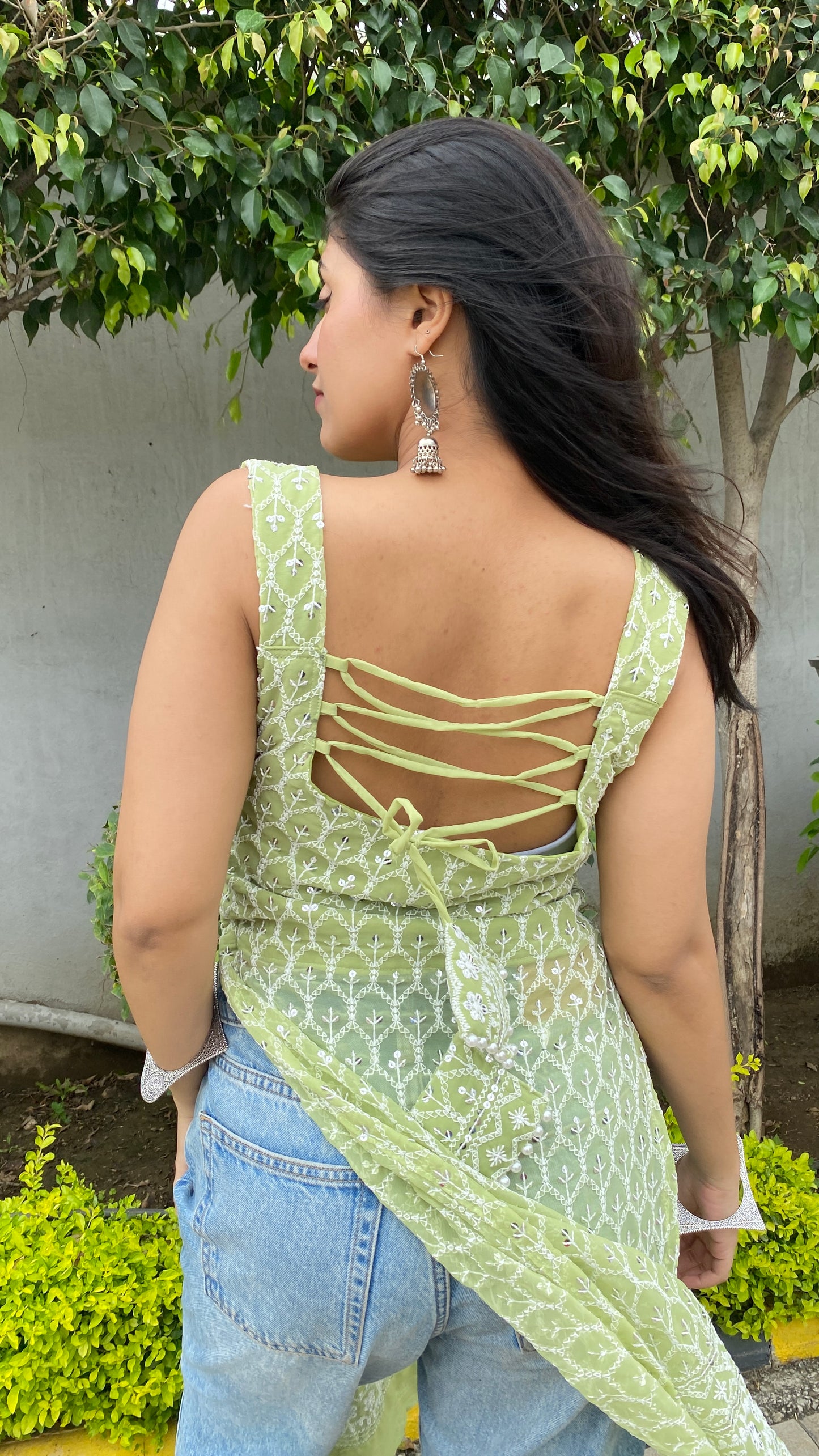Green Tie Me Up Chikankari Kurti