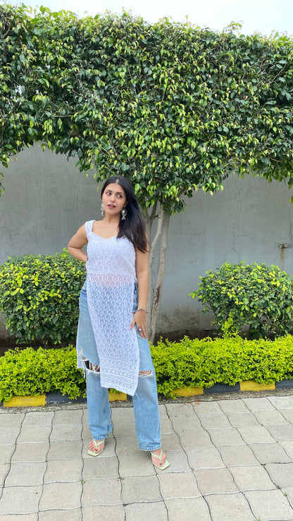 White Tie Me Up Chikankari Kurti