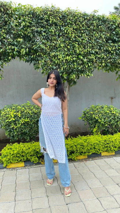 White Tie Me Up Chikankari Kurti