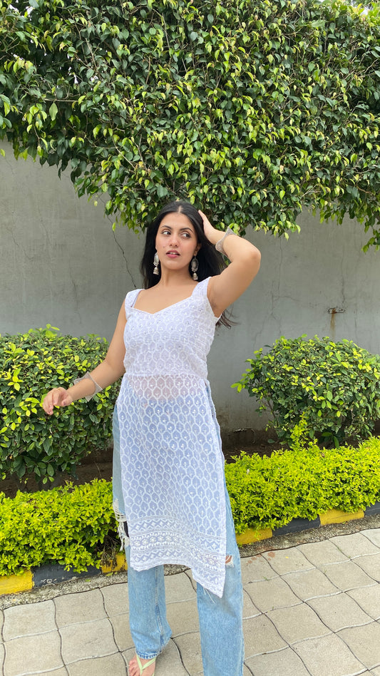 White Tie Me Up Chikankari Kurti