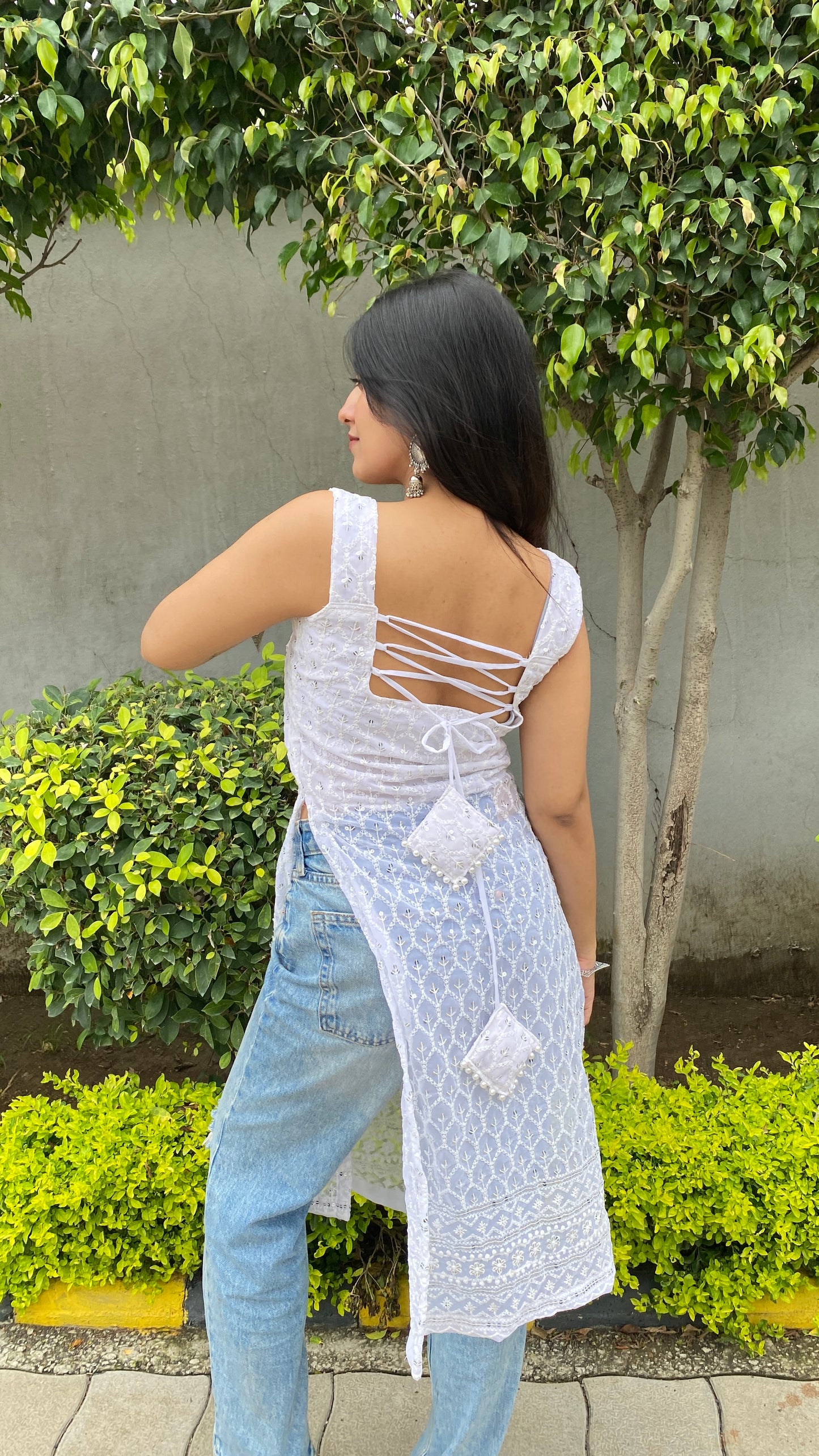 White Tie Me Up Chikankari Kurti