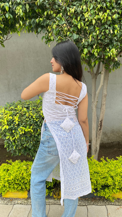White Tie Me Up Chikankari Kurti