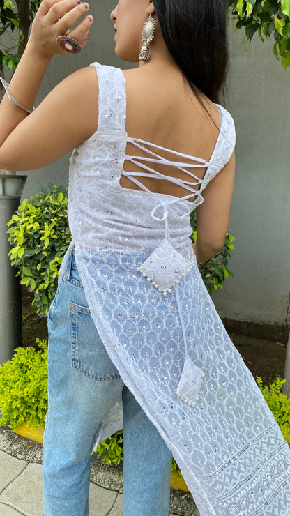 White Tie Me Up Chikankari Kurti