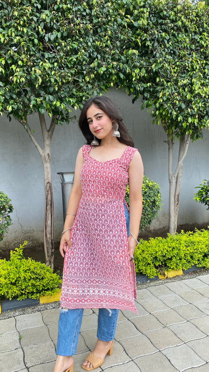 Pink Tie Me Up Chikankari Kurti